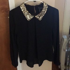 Black gold sequined collar long sleeved blouse